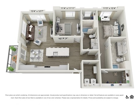 Floor plan for 2 beds, 2 baths, 1264 sqft
